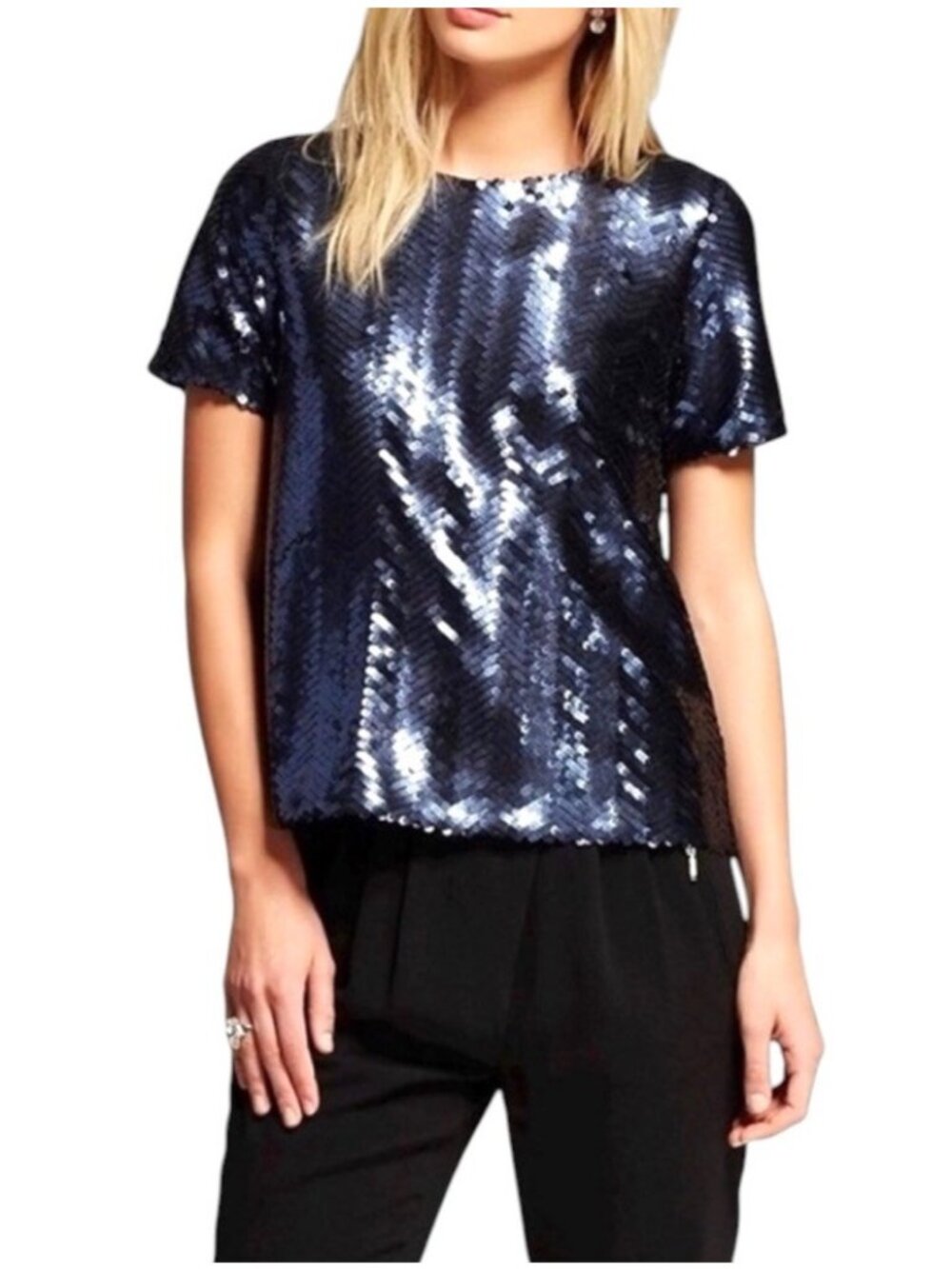 J by J.O.A. Navy Sequin Short Sleeve Festive Party Blouse Size Medium